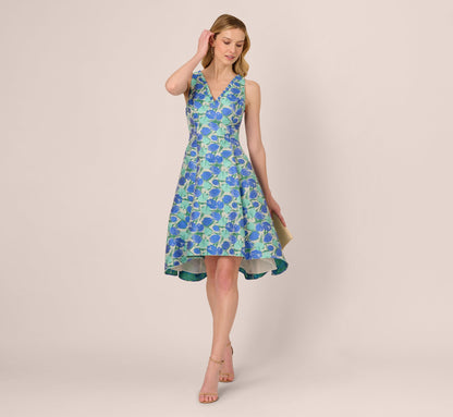Sleeveless Tulip Jacquard Fit And Flare Midi Dress In Blue Green Multi