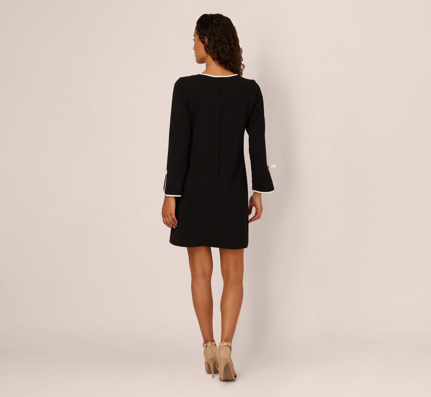 Long Sleeve Contrast Tipped Sheath Dress In Black Ivory