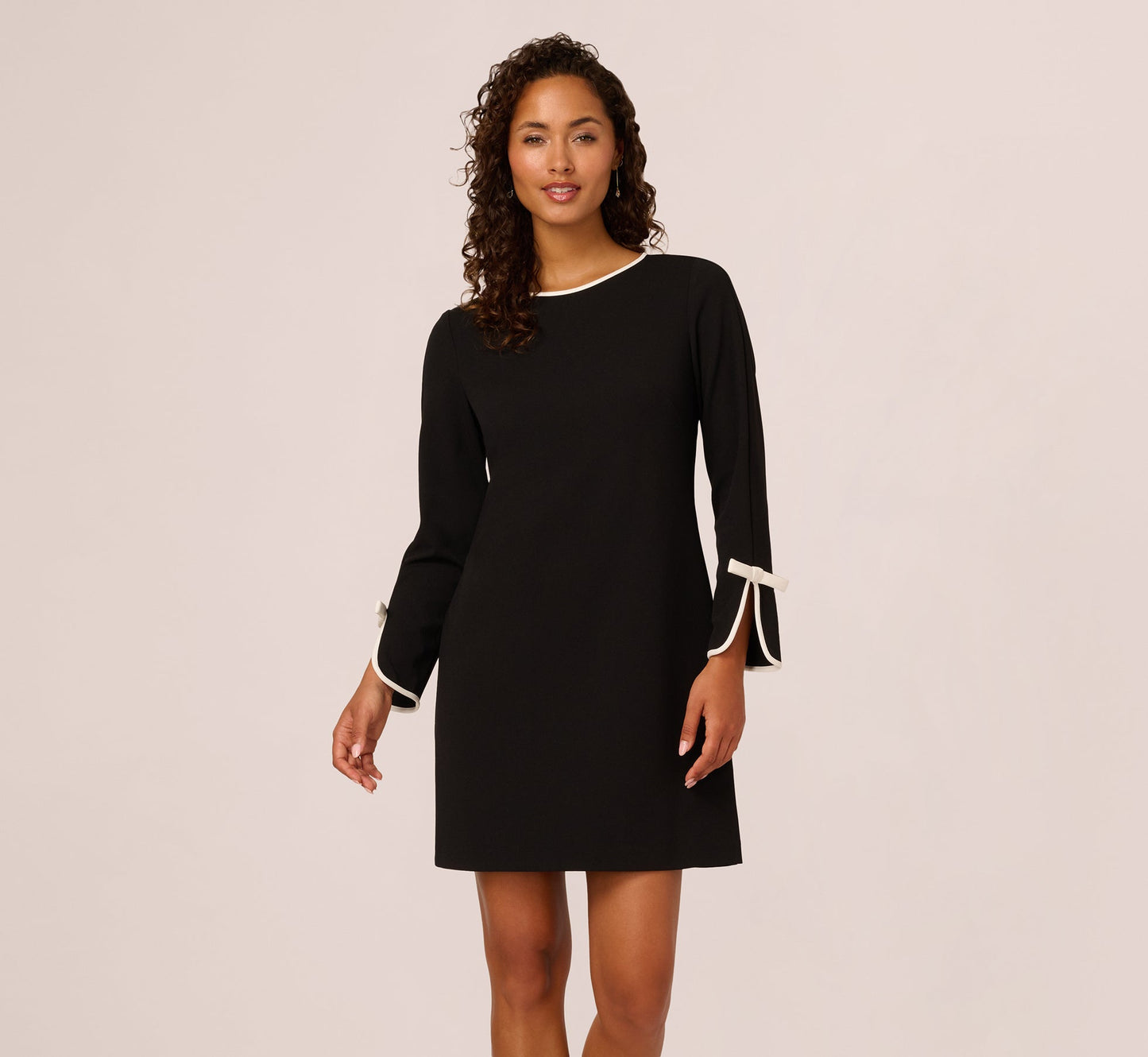 Long Sleeve Contrast Tipped Sheath Dress In Black Ivory
