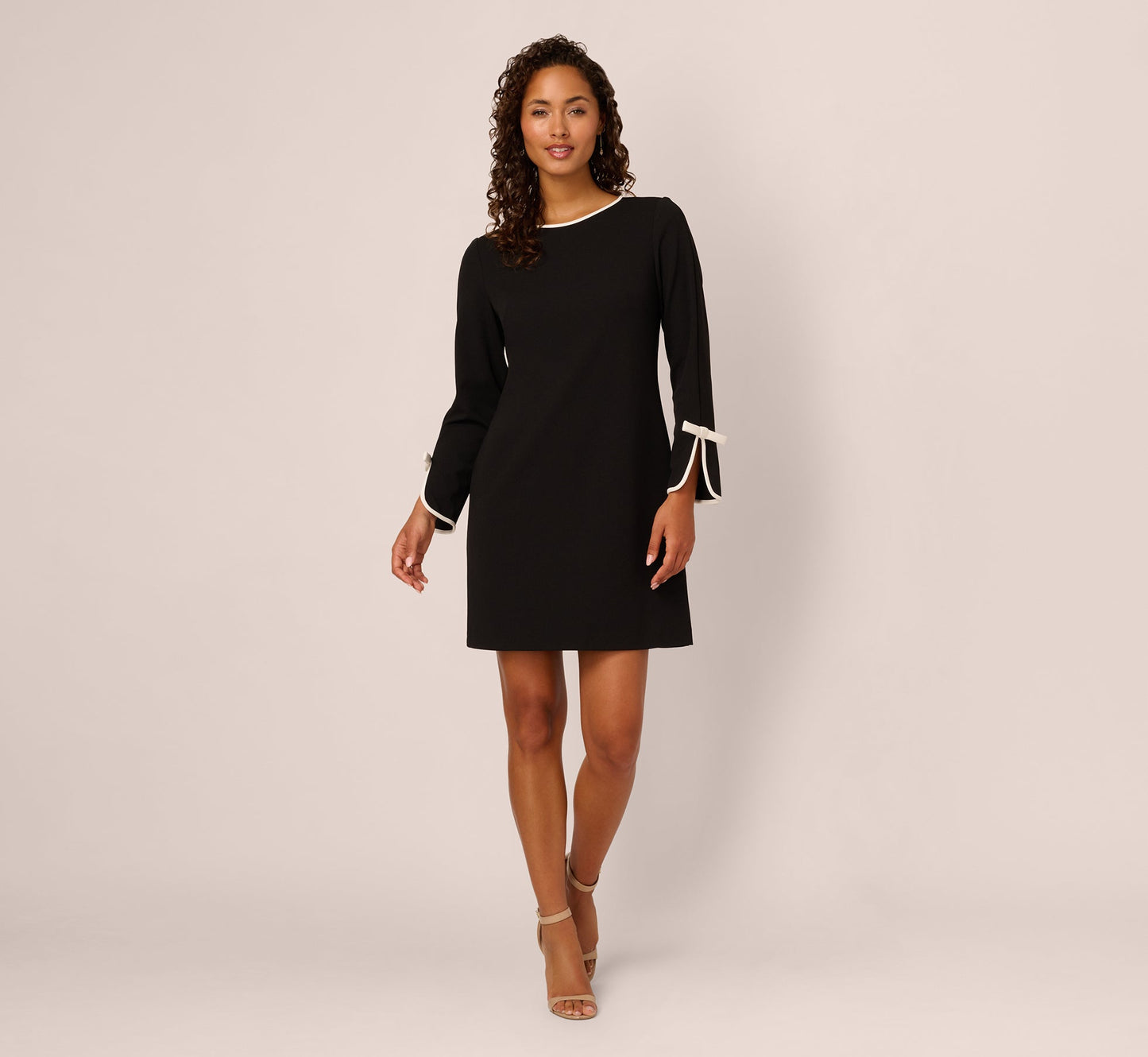 Long Sleeve Contrast Tipped Sheath Dress In Black Ivory