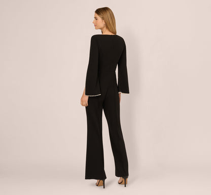 Split Sleeve Pearly Trim Jumpsuit In Black Ivory