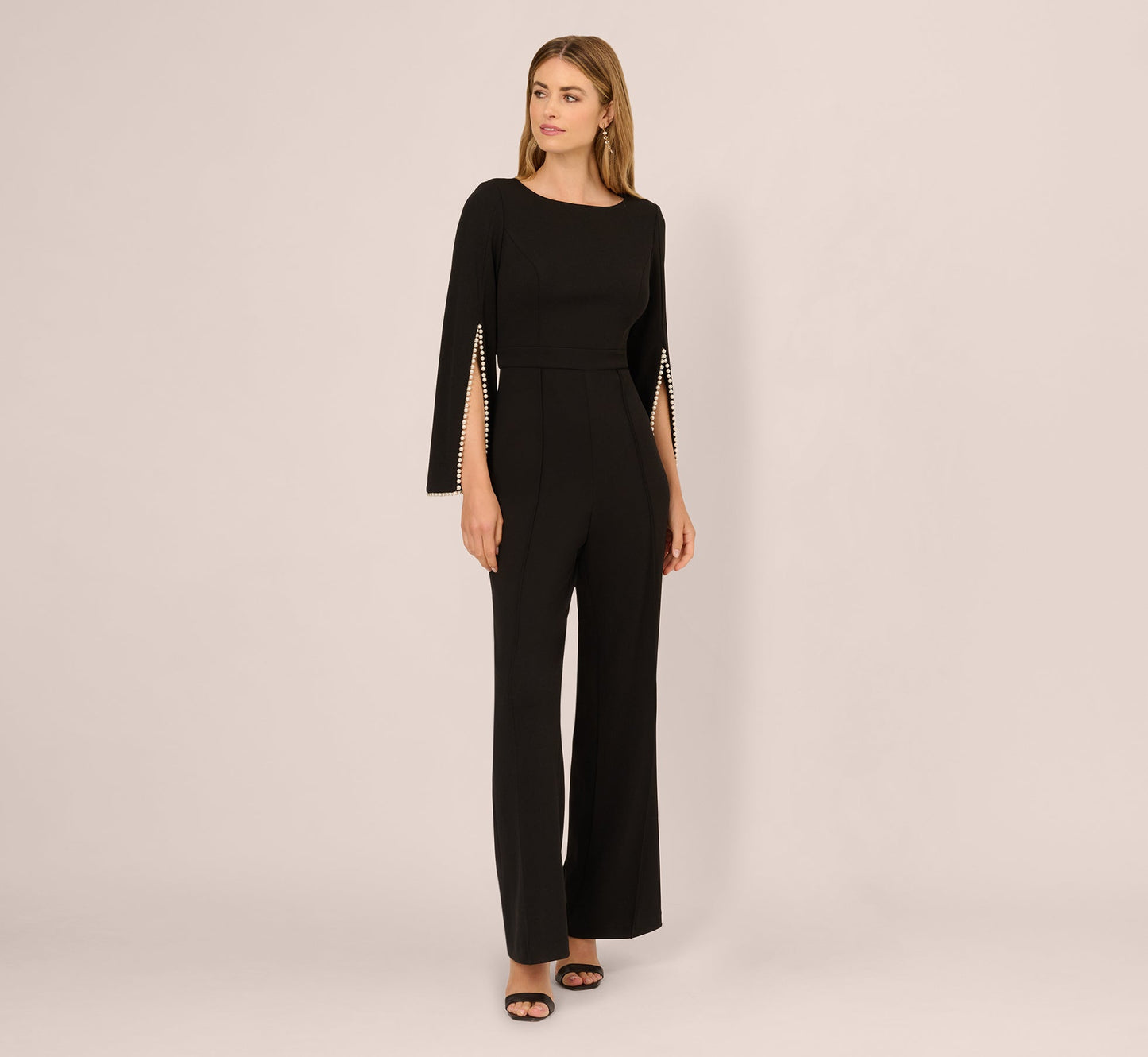 Split Sleeve Pearly Trim Jumpsuit In Black Ivory