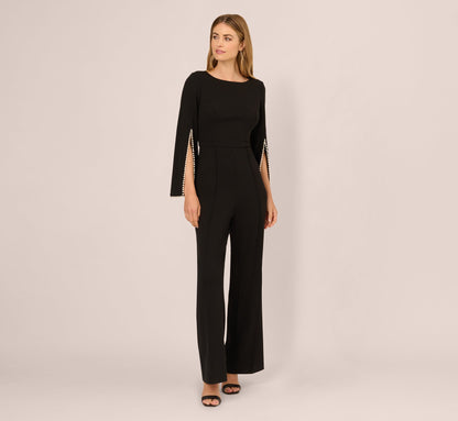 Split Sleeve Pearly Trim Jumpsuit In Black Ivory