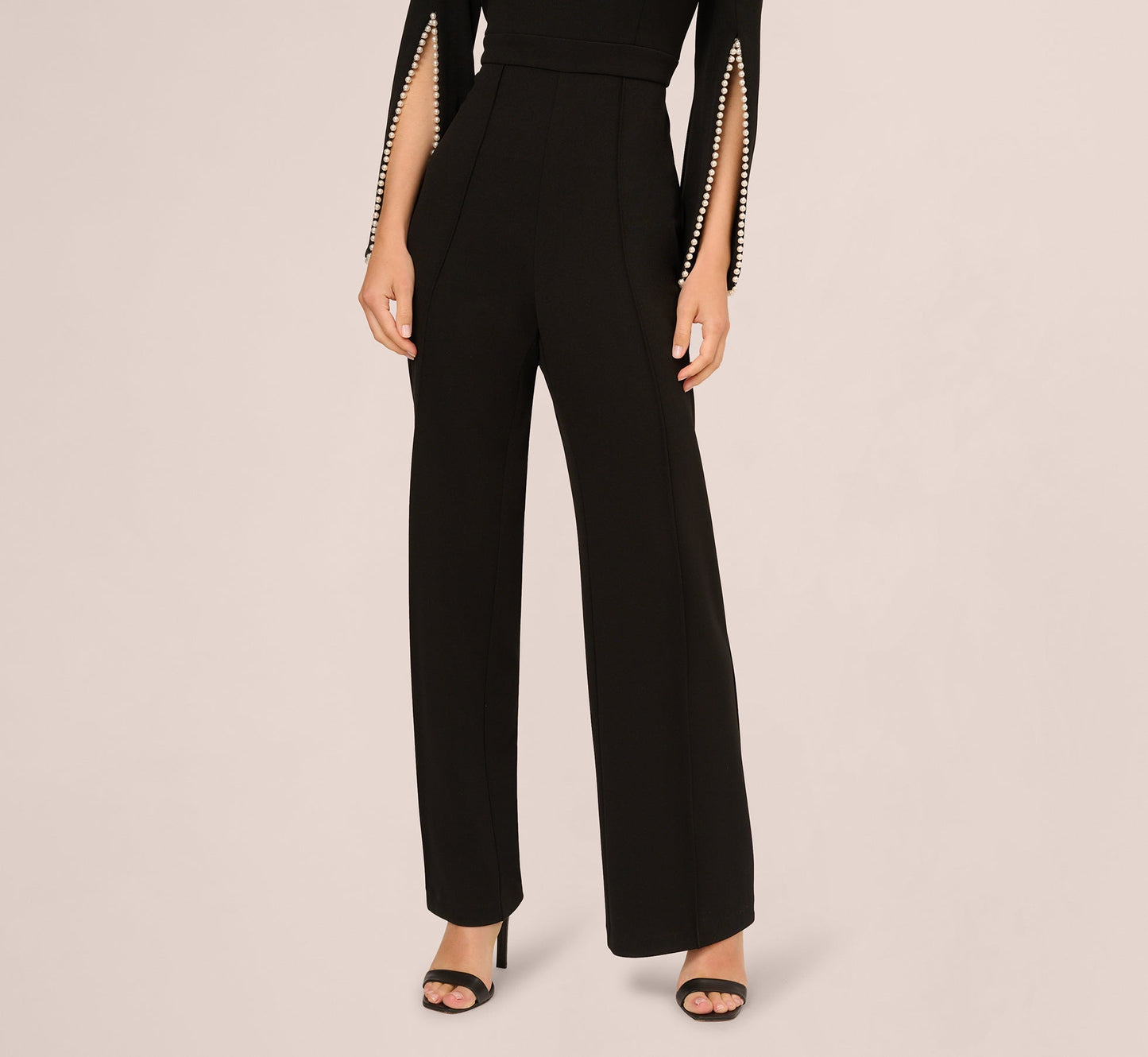Split Sleeve Pearly Trim Jumpsuit In Black Ivory