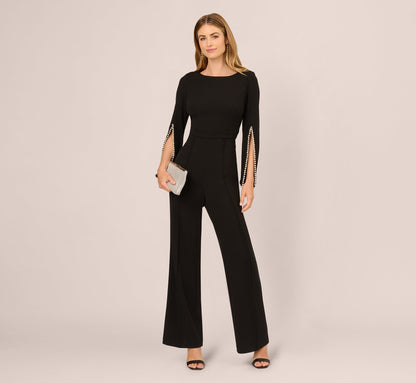 Split Sleeve Pearly Trim Jumpsuit In Black Ivory