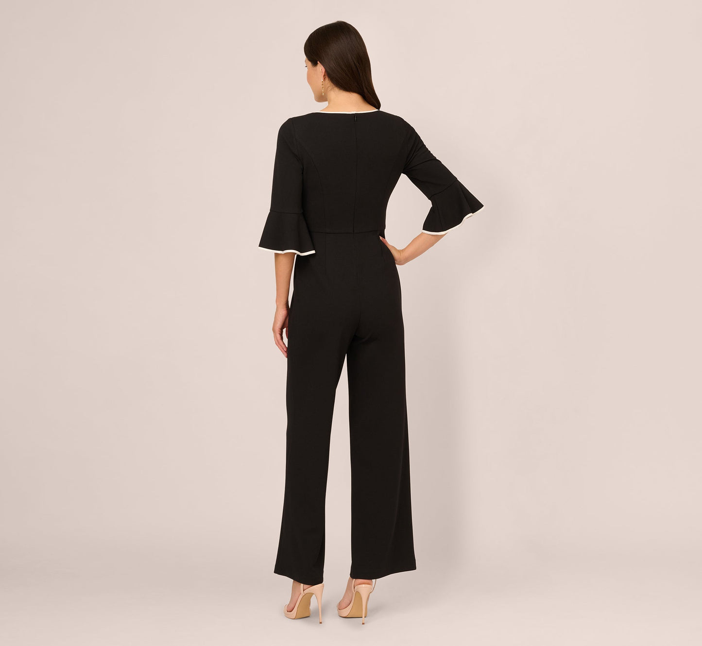 Bell Sleeve Tie Front Contrast Tipped Jumpsuit In Black Ivory