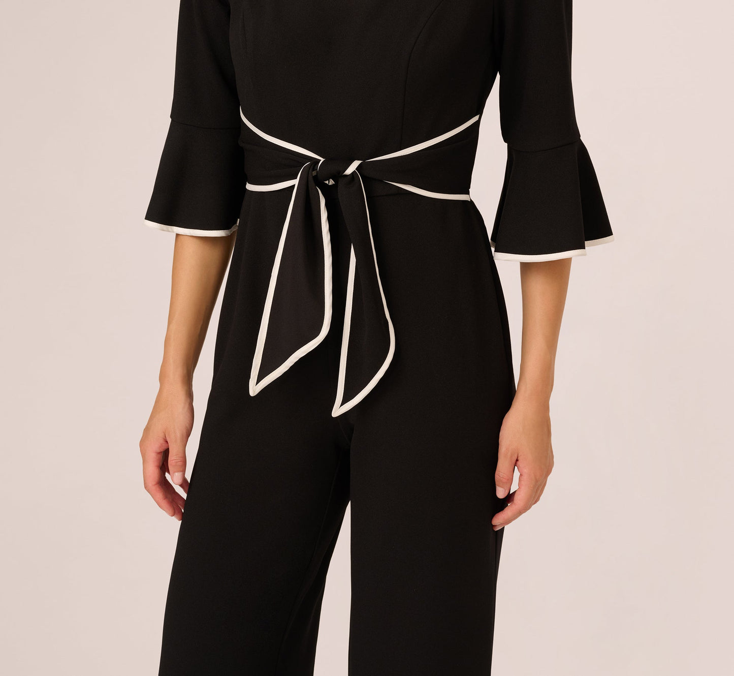 Bell Sleeve Tie Front Contrast Tipped Jumpsuit In Black Ivory