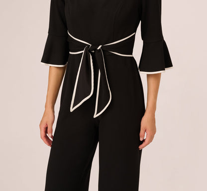 Bell Sleeve Tie Front Contrast Tipped Jumpsuit In Black Ivory