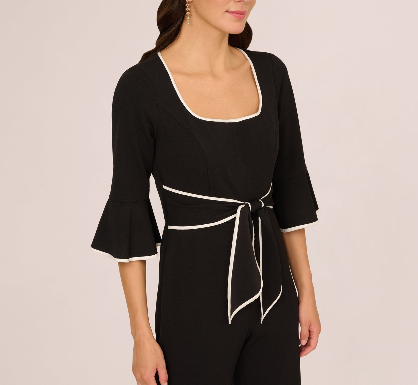 Bell Sleeve Tie Front Contrast Tipped Jumpsuit In Black Ivory
