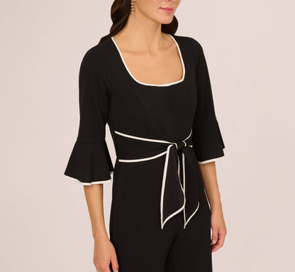 Bell Sleeve Tie Front Contrast Tipped Jumpsuit In Black Ivory