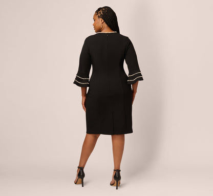 Plus Size Three Quarter Bell Sleeve Pearly Trim Sheath Dress In Black Ivory