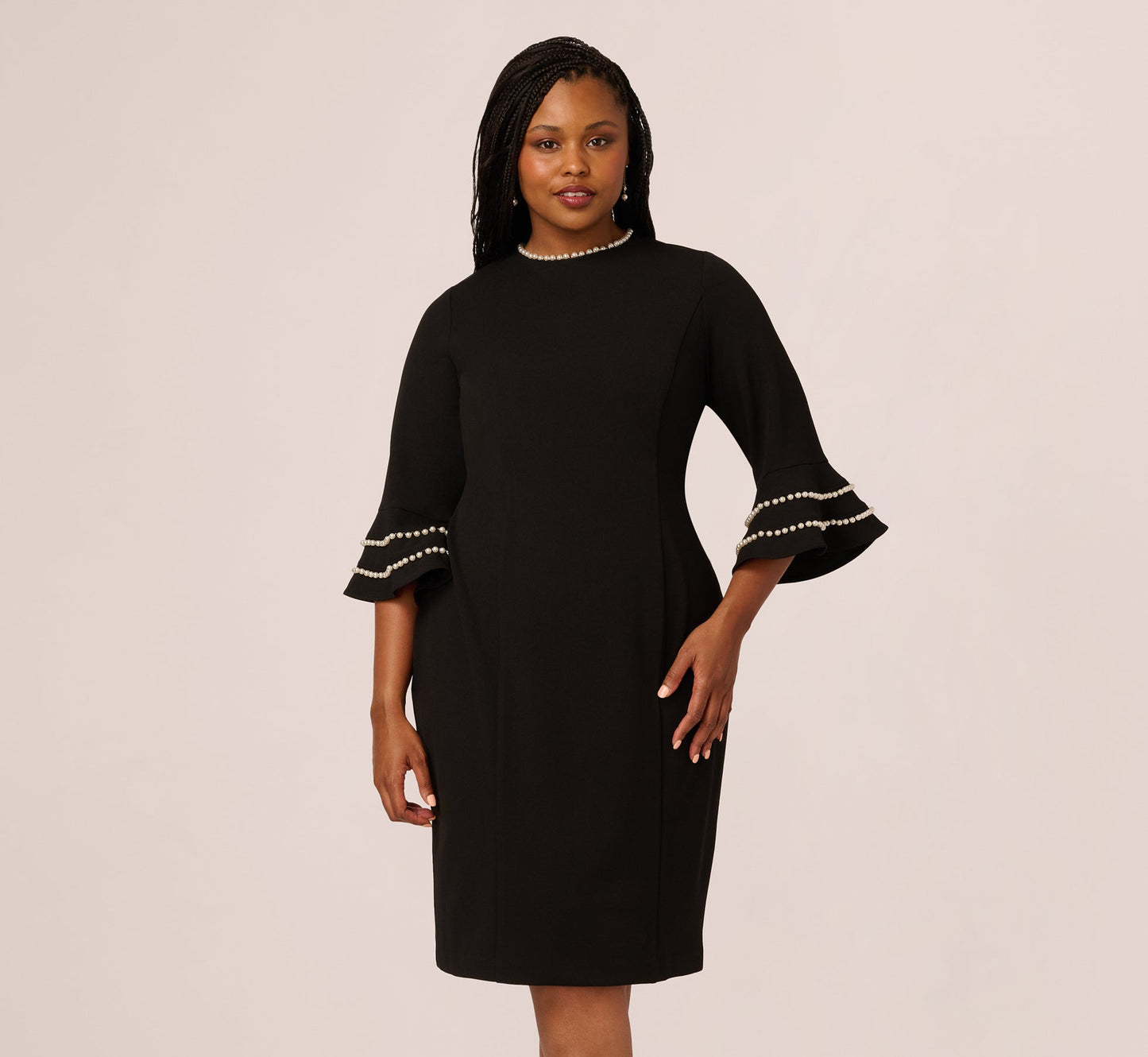 Plus Size Three Quarter Bell Sleeve Pearly Trim Sheath Dress In Black Ivory