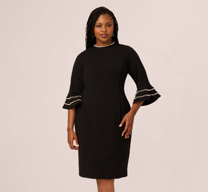 Plus Size Three Quarter Bell Sleeve Pearly Trim Sheath Dress In Black Ivory