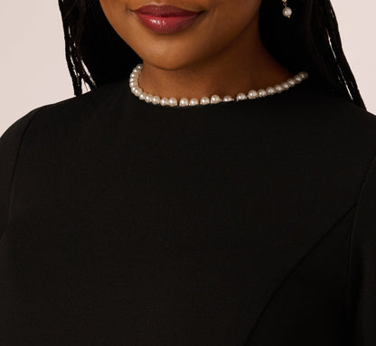 Plus Size Three Quarter Bell Sleeve Pearly Trim Sheath Dress In Black Ivory