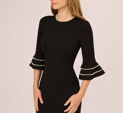 Three Quarter Bell Sleeve Pearly Trim Sheath Dress In Black Ivory