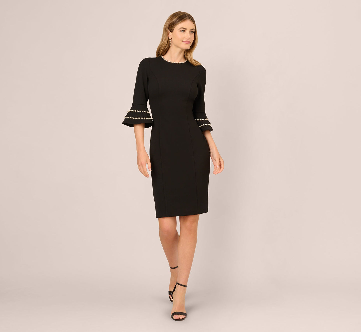 Three Quarter Bell Sleeve Pearly Trim Sheath Dress In Black Ivory