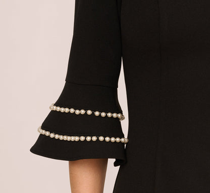 Three Quarter Bell Sleeve Pearly Trim Sheath Dress In Black Ivory