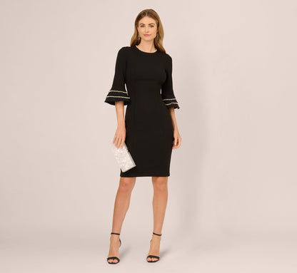 Three Quarter Bell Sleeve Pearly Trim Sheath Dress In Black Ivory