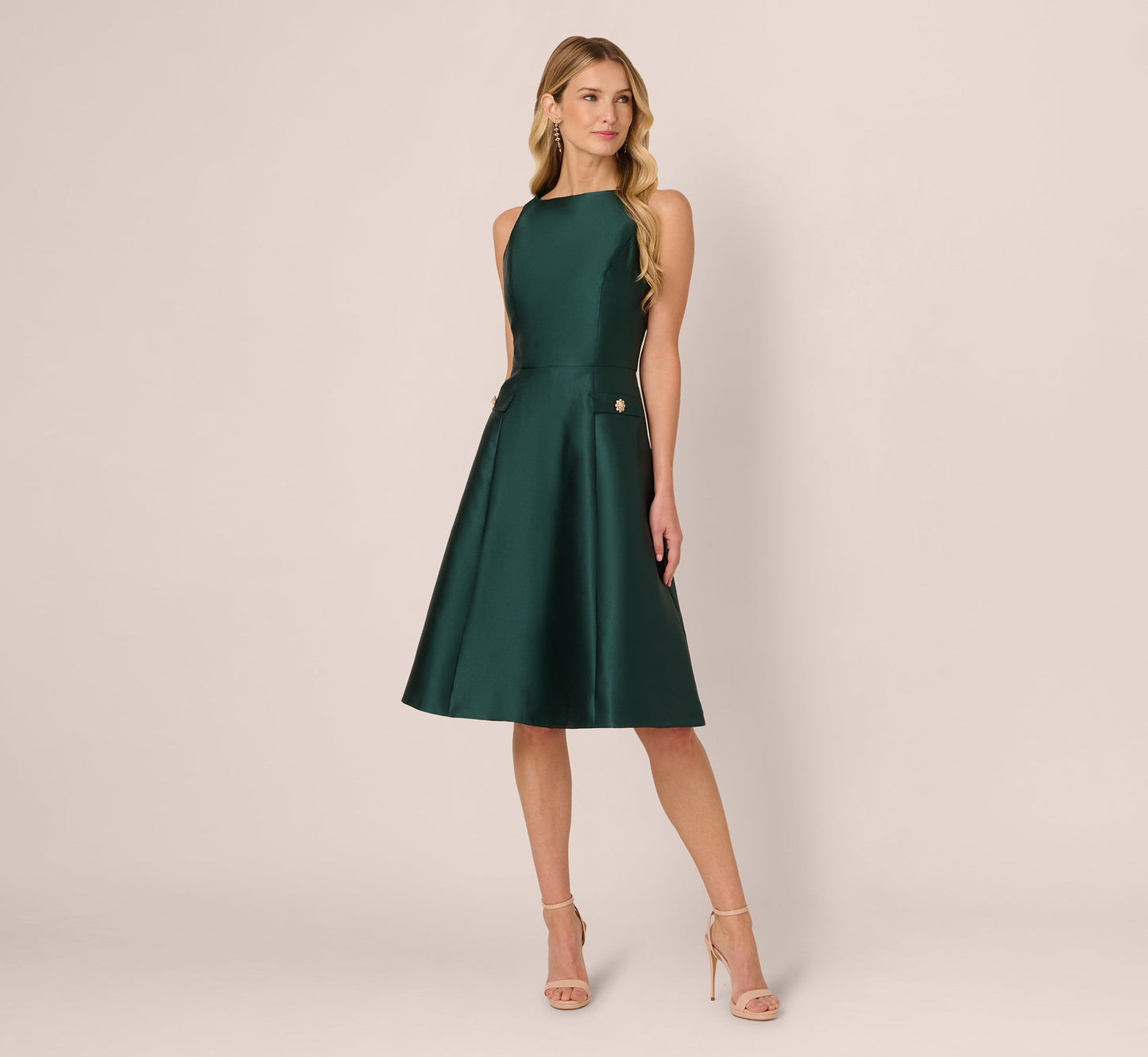 Sleeveless Bateau A Line Midi Dress In Dark Forest