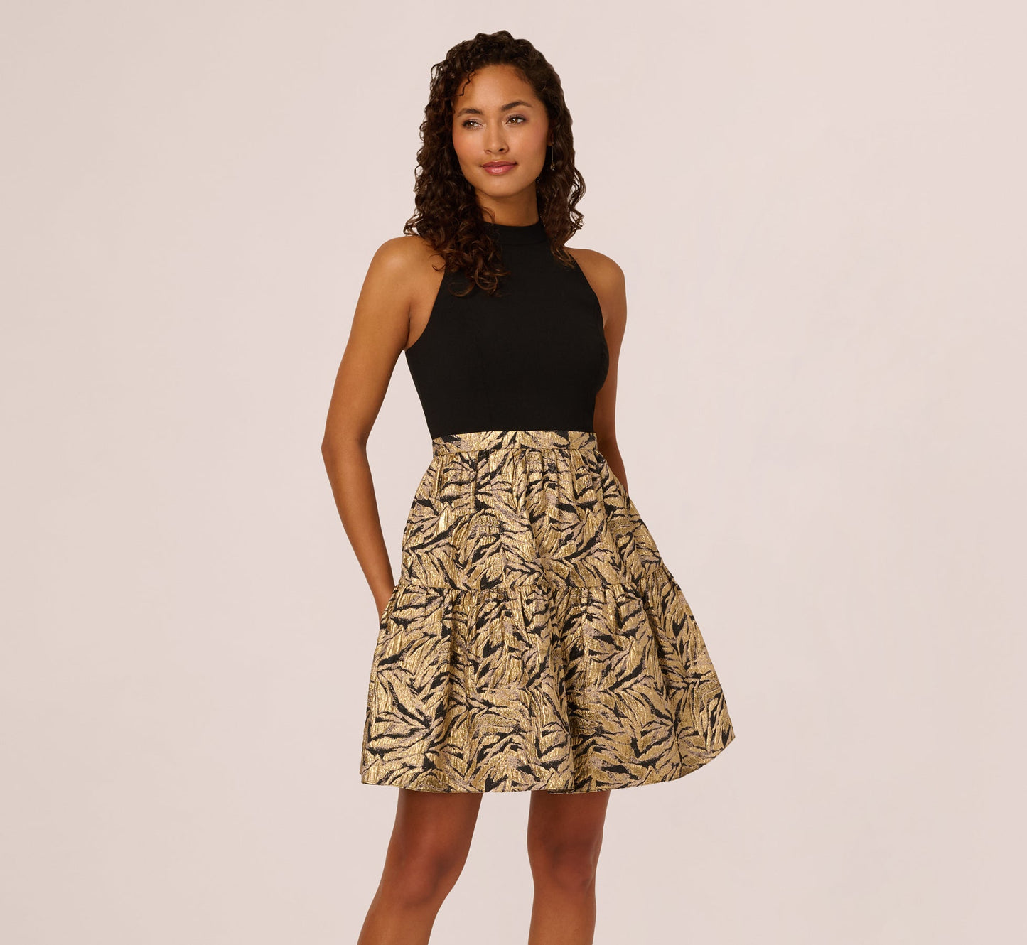 Sleeveless Jacquard Flounce Combo Dress In Black Gold