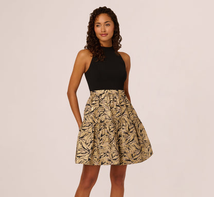 Sleeveless Jacquard Flounce Combo Dress In Black Gold