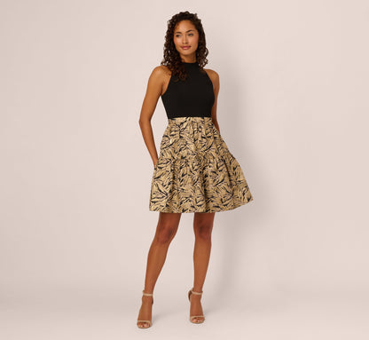 Sleeveless Jacquard Flounce Combo Dress In Black Gold