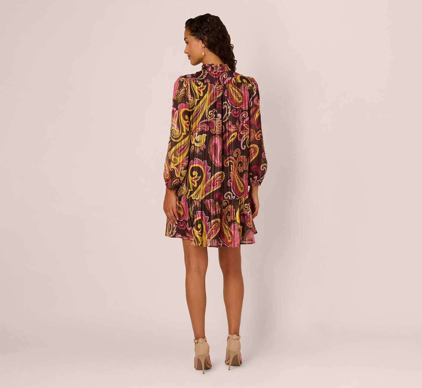 Long Sleeve Paisley Chiffon Trapeze Dress In Brown Multi