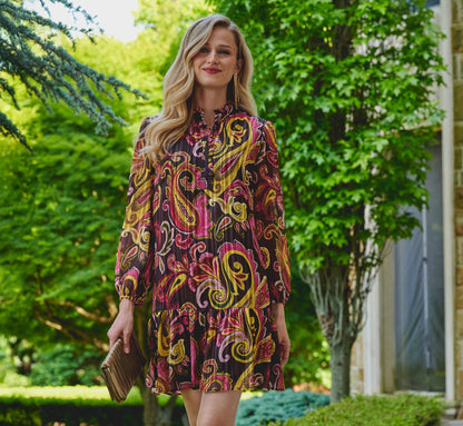 Long Sleeve Paisley Chiffon Trapeze Dress In Brown Multi