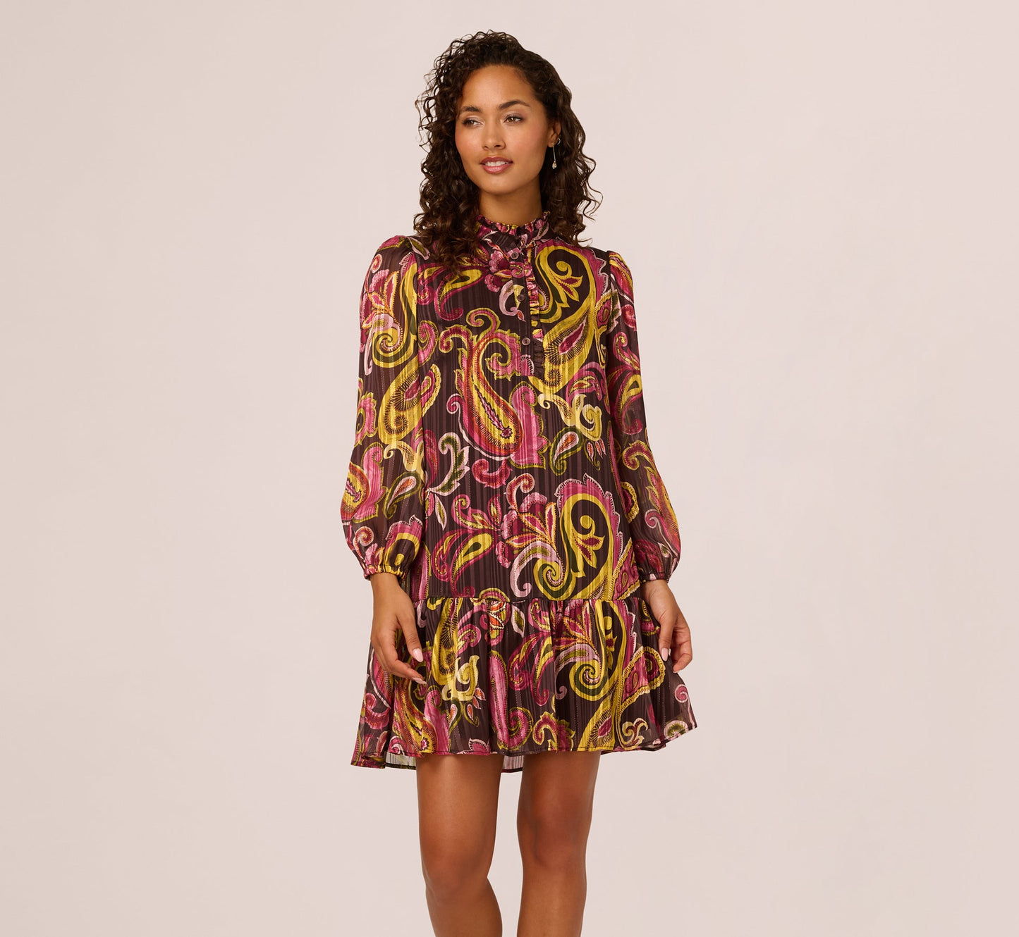 Long Sleeve Paisley Chiffon Trapeze Dress In Brown Multi