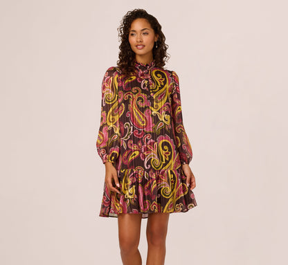 Long Sleeve Paisley Chiffon Trapeze Dress In Brown Multi