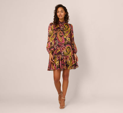 Long Sleeve Paisley Chiffon Trapeze Dress In Brown Multi