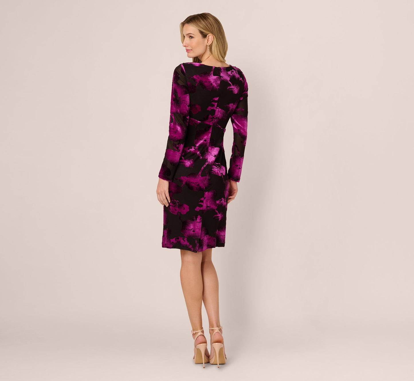 Long Sleeve Floral Burnout Sheath Dress In Black Violet