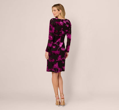Long Sleeve Floral Burnout Sheath Dress In Black Violet