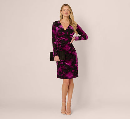Long Sleeve Floral Burnout Sheath Dress In Black Violet