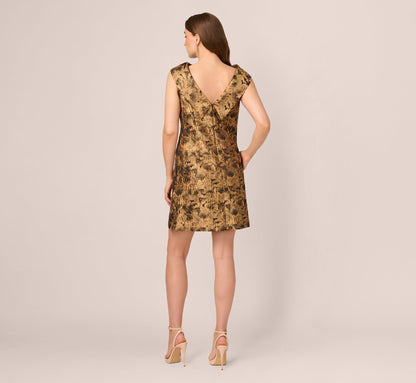 Sleeveless Jacquard Roll Collar Shift Dress In Gold Black