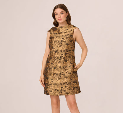 Sleeveless Jacquard Roll Collar Shift Dress In Gold Black