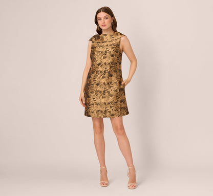 Sleeveless Jacquard Roll Collar Shift Dress In Gold Black