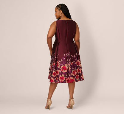 Plus Size Sleeveless Floral Border Jacquard Midi Dress In Plum Multi