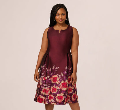 Plus Size Sleeveless Floral Border Jacquard Midi Dress In Plum Multi