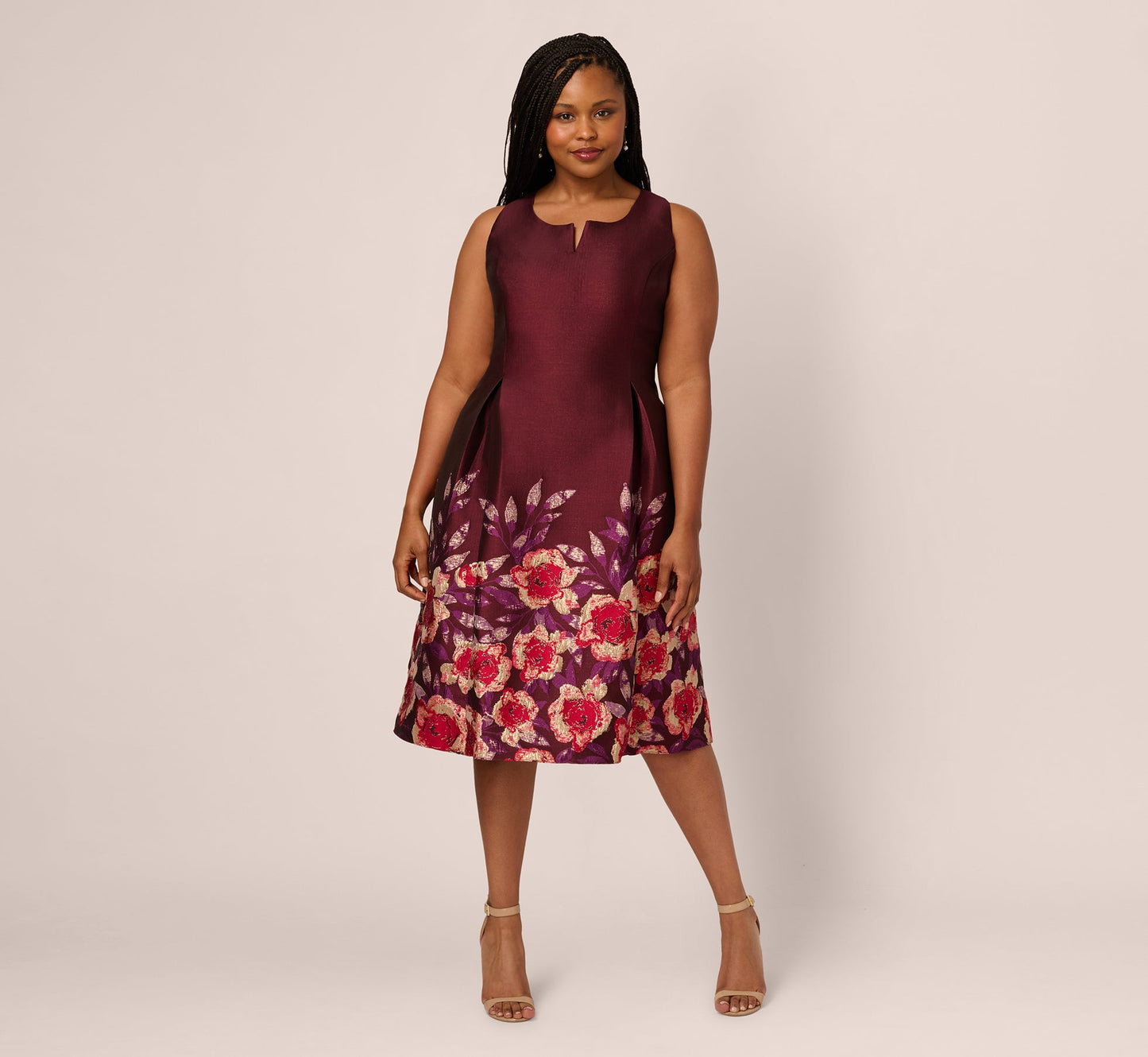 Plus Size Sleeveless Floral Border Jacquard Midi Dress In Plum Multi