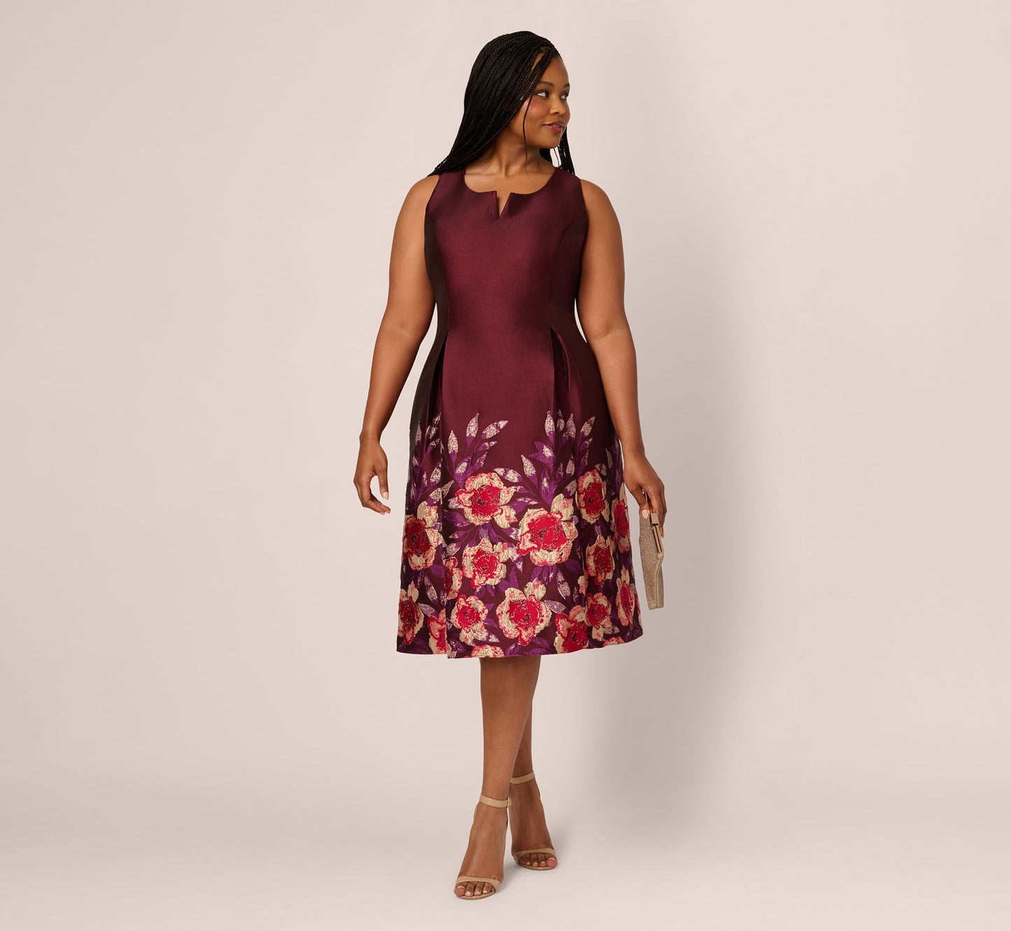 Plus Size Sleeveless Floral Border Jacquard Midi Dress In Plum Multi