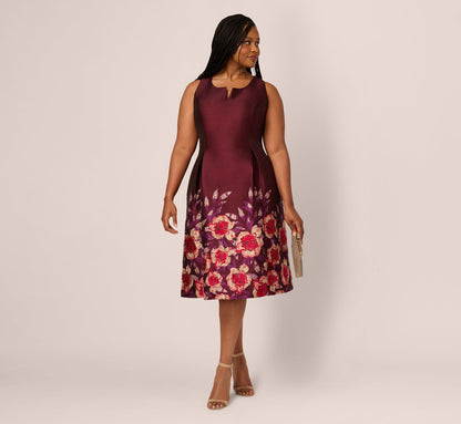 Plus Size Sleeveless Floral Border Jacquard Midi Dress In Plum Multi
