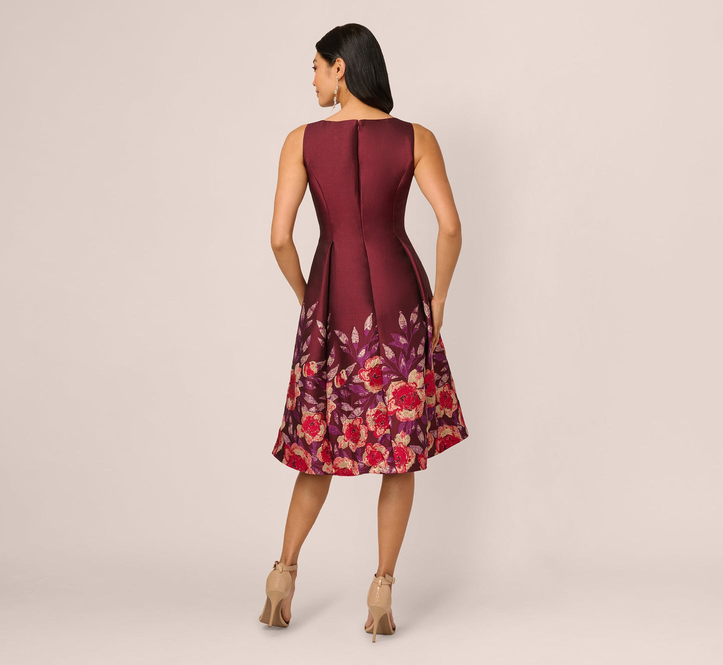 Sleeveless Floral Border Jacquard Midi Dress In Plum Multi
