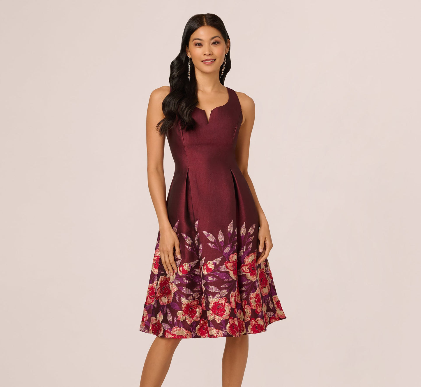 Sleeveless Floral Border Jacquard Midi Dress In Plum Multi