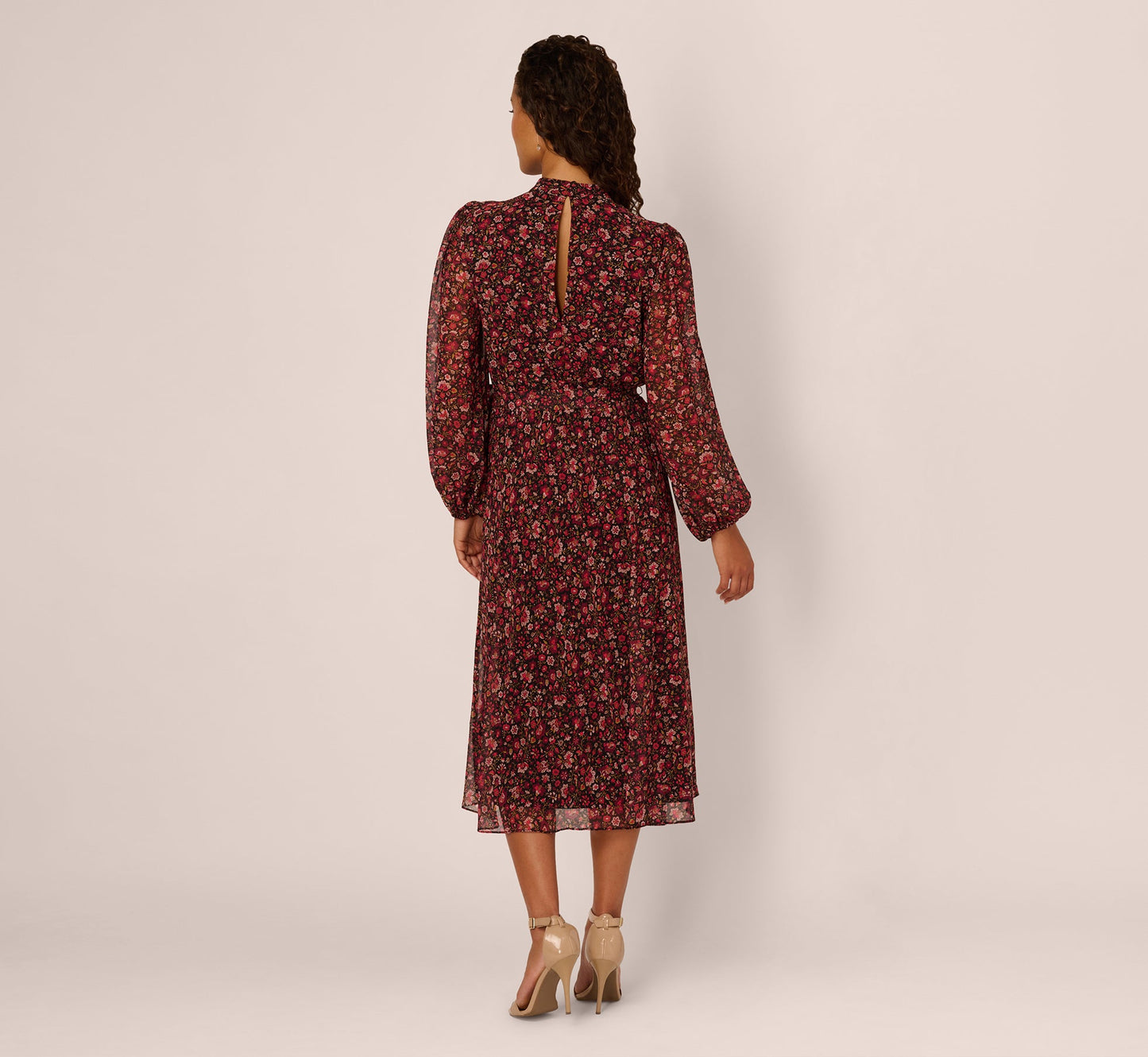 Long Sleeve Ditsy Floral Chiffon Midi Dress In Black Multi