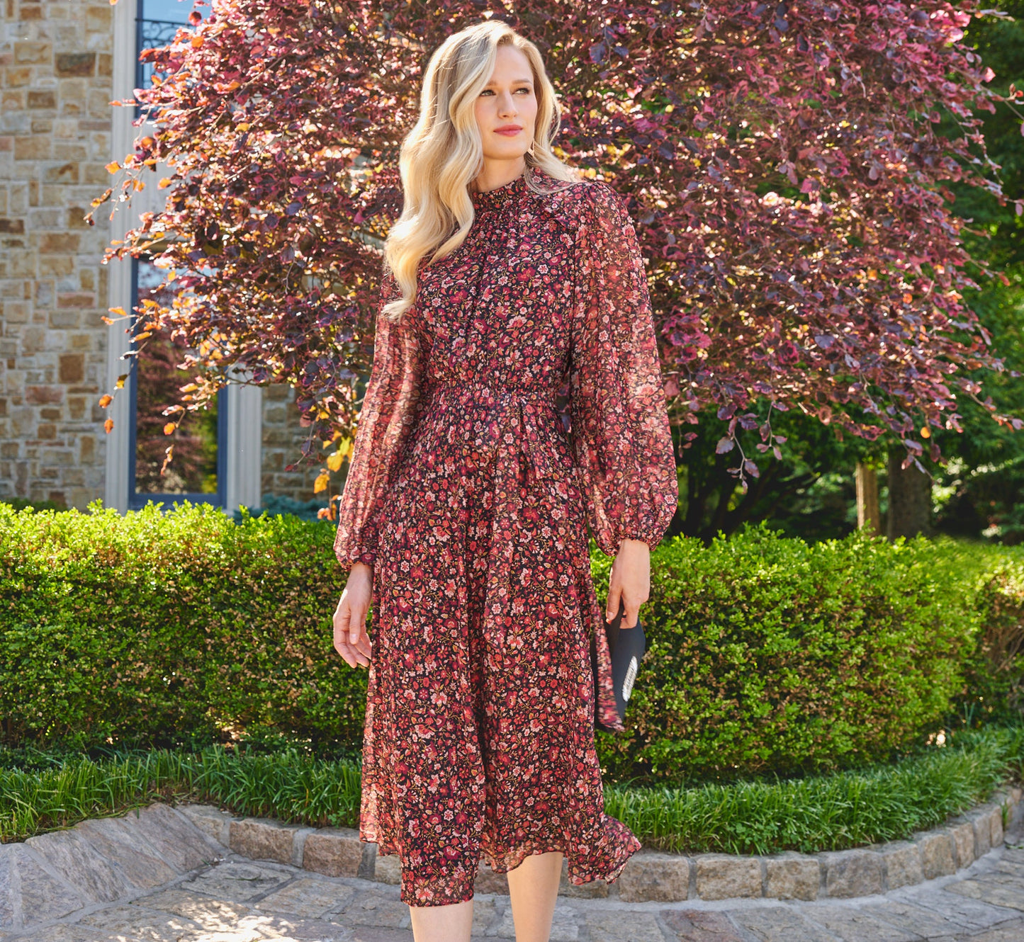 Long Sleeve Ditsy Floral Chiffon Midi Dress In Black Multi