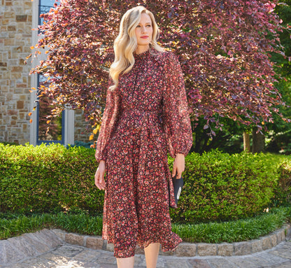 Long Sleeve Ditsy Floral Chiffon Midi Dress In Black Multi