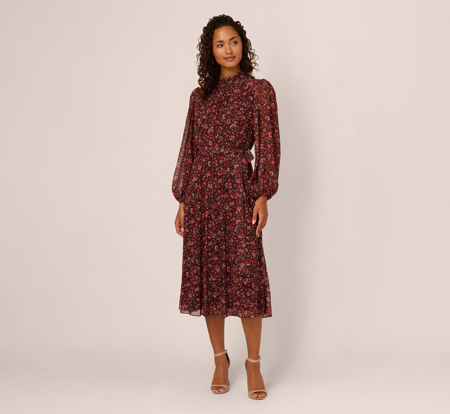 Long Sleeve Ditsy Floral Chiffon Midi Dress In Black Multi