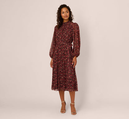 Long Sleeve Ditsy Floral Chiffon Midi Dress In Black Multi