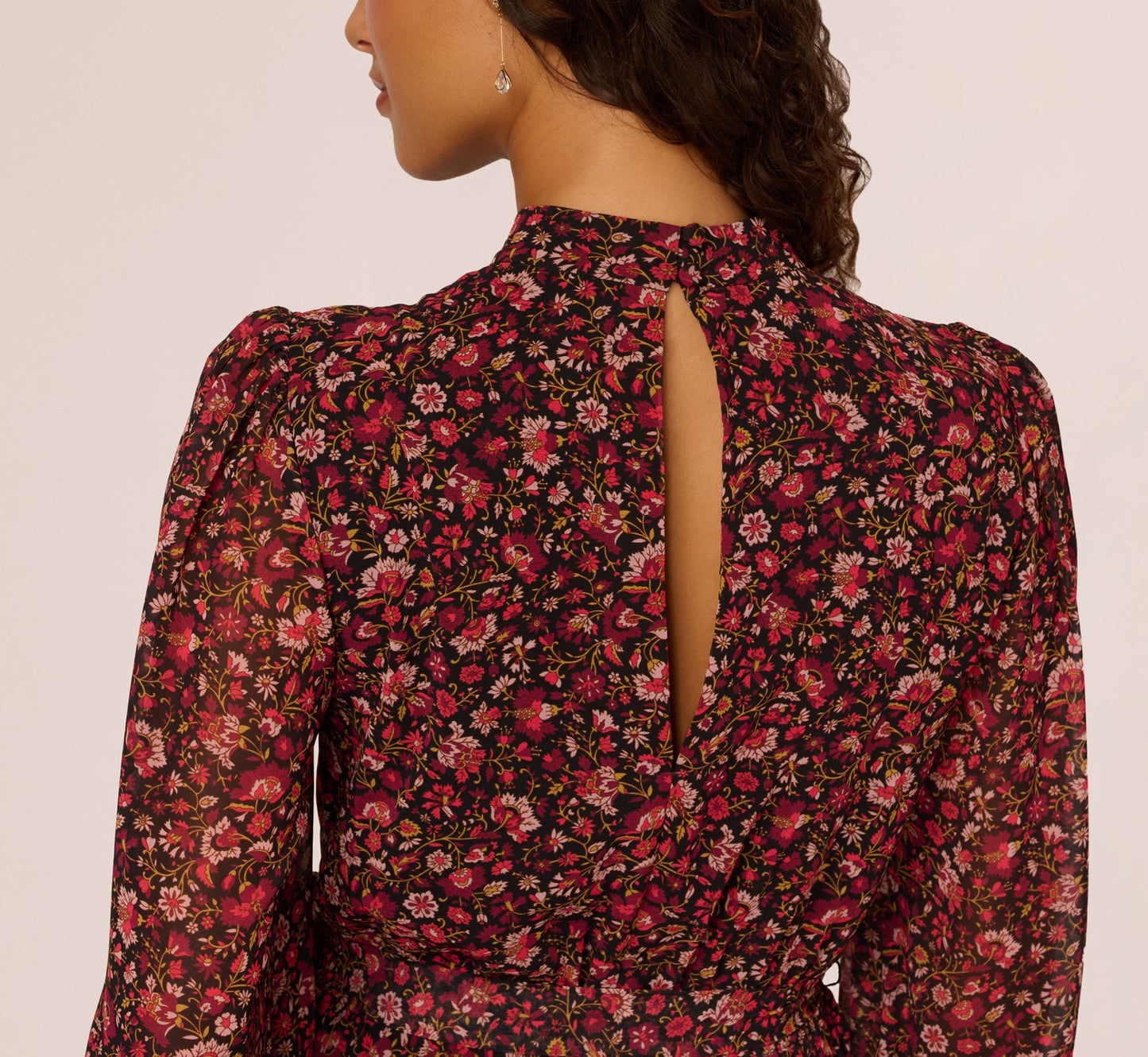 Long Sleeve Ditsy Floral Chiffon Midi Dress In Black Multi